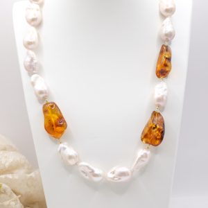 Collana Perle Naturali Barocche Ambra del Baltico Argento 925