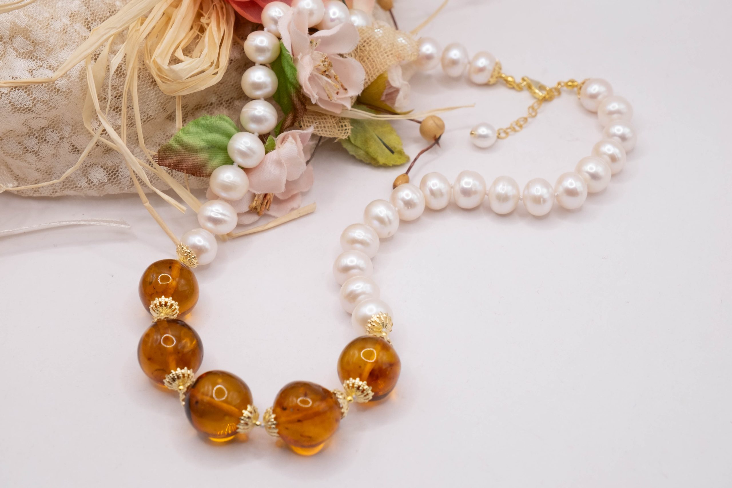 COLLANA PERLE TONDE AMBRA ARGENTO 925 PLACCATO ORO ARTIGIANALE (1)