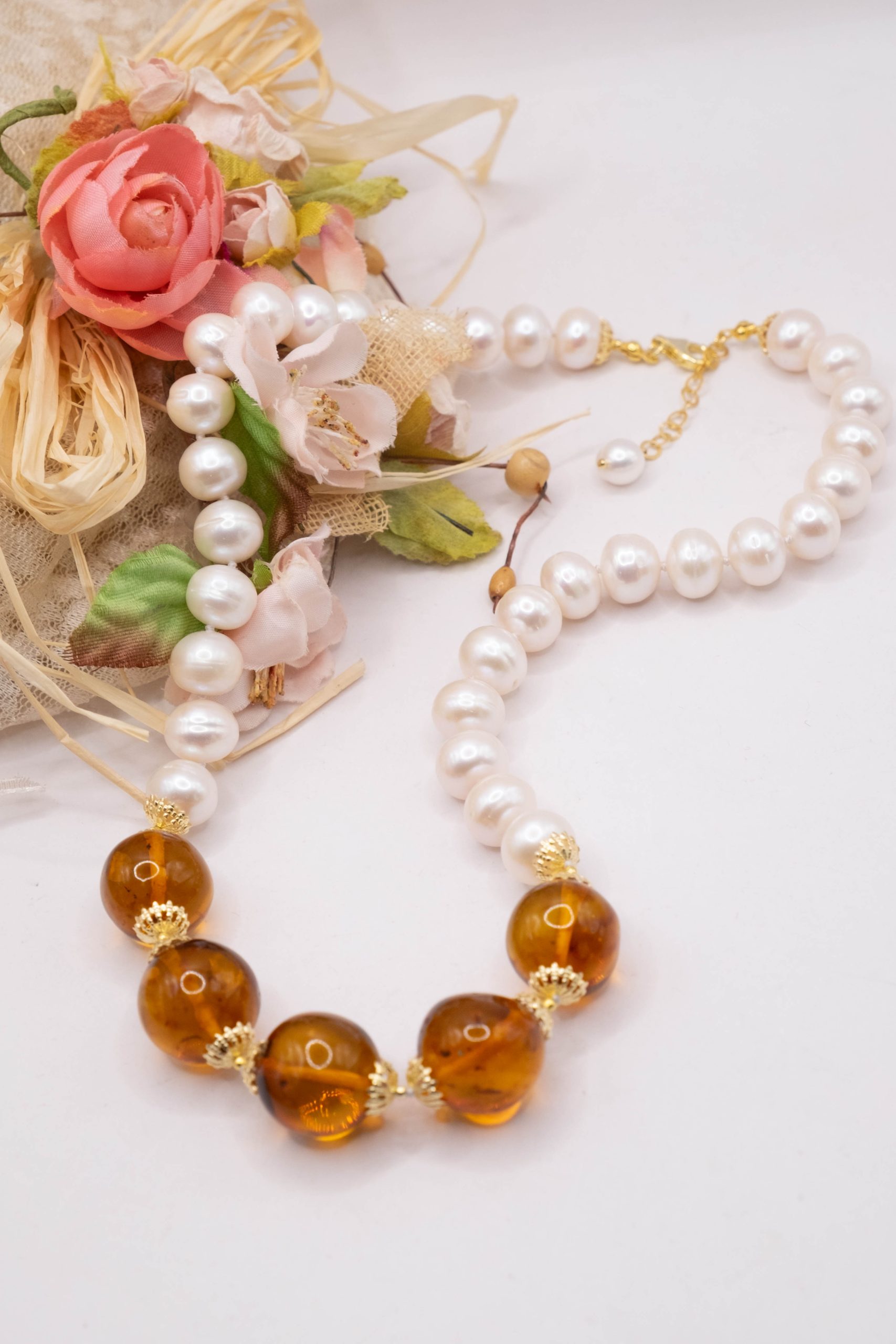 COLLANA PERLE TONDE AMBRA ARGENTO 925 PLACCATO ORO ARTIGIANALE (2)