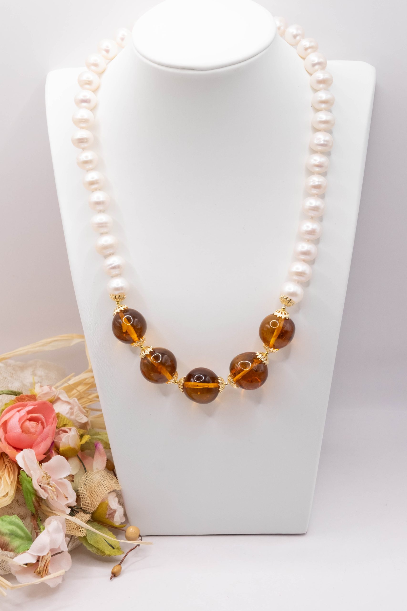 COLLANA PERLE TONDE AMBRA ARGENTO 925 PLACCATO ORO ARTIGIANALE (5)