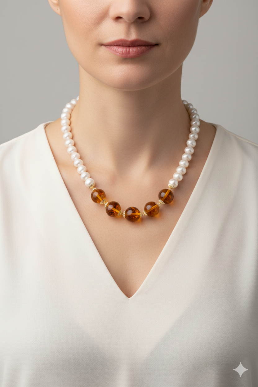 COLLANA PERLE TONDE AMBRA ARGENTO 925 PLACCATO ORO ARTIGIANALE