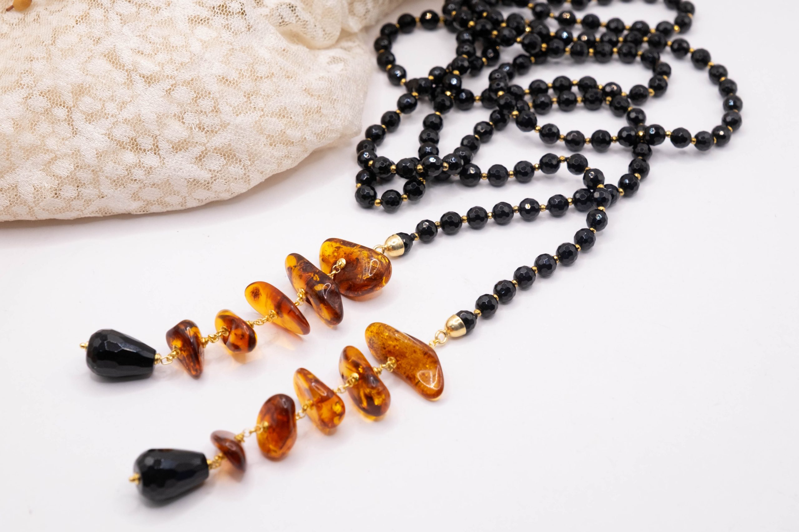 COLLANA SCIARPA ONICE ARGENTO PLACCATO ORO AMBRA DEL BALTICO (1)