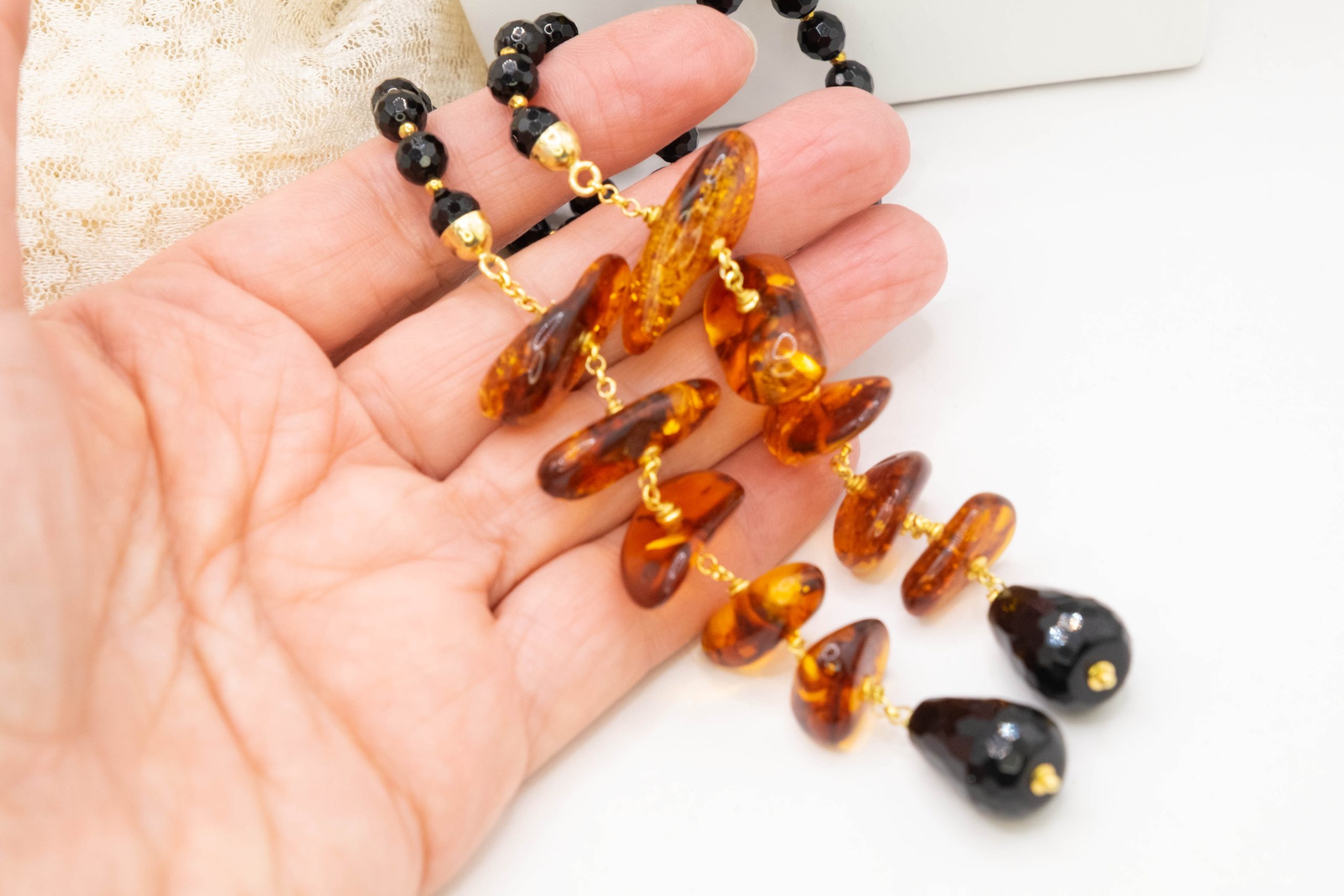 COLLANA SCIARPA ONICE ARGENTO PLACCATO ORO AMBRA DEL BALTICO (4)