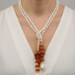 Collana a Sciarpa Perle Naturali Alta Qualità Pendenti in Ambra del Baltico