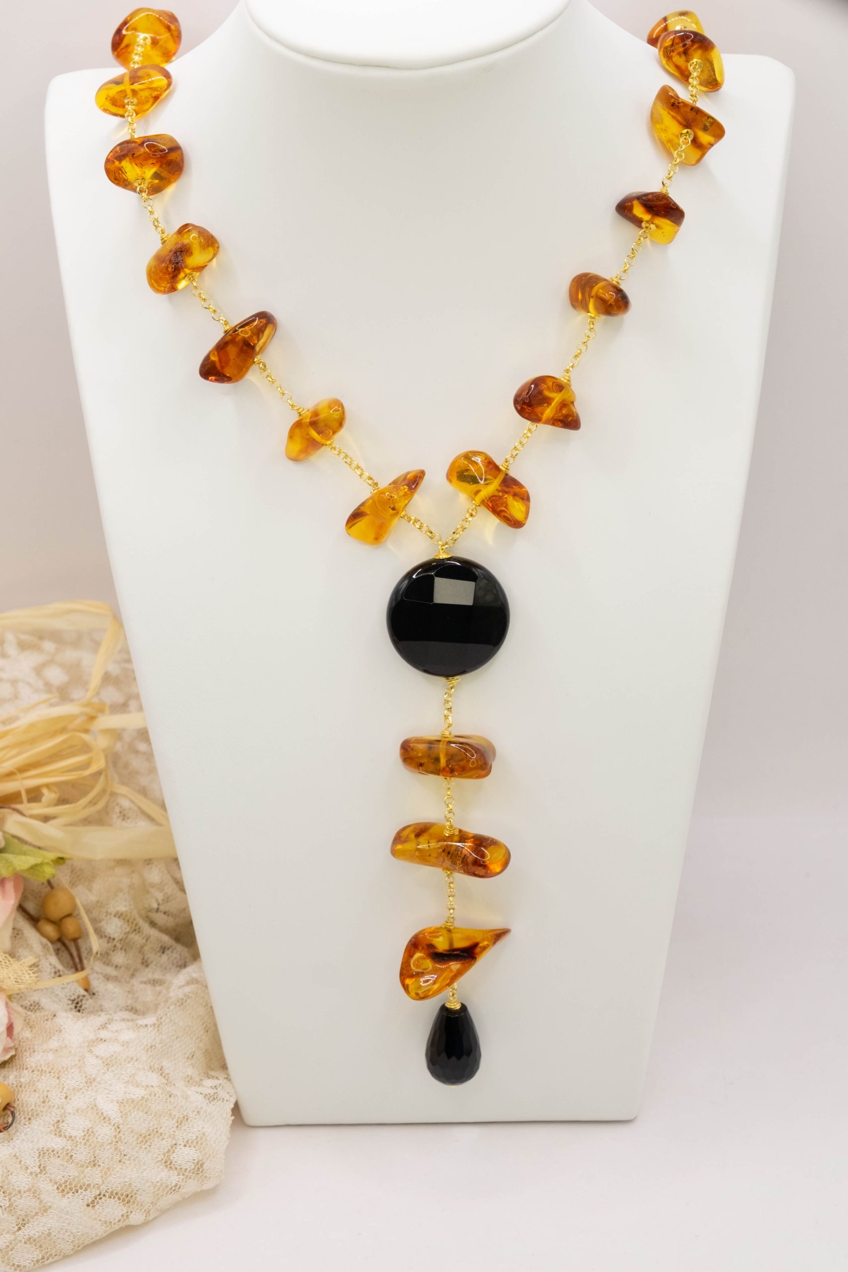 AMBER SILVER ONYX NECKLACE AND LARIAT (2)