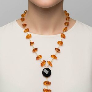 Collana Lariat a Y Ambra del Baltico Onice Sfaccettata Argento 925