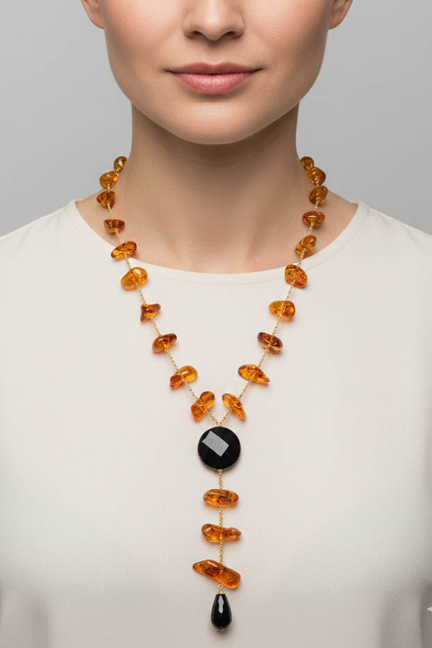 NECKLACE-Y-LARIAT-AMBER-SILVER-ONYX