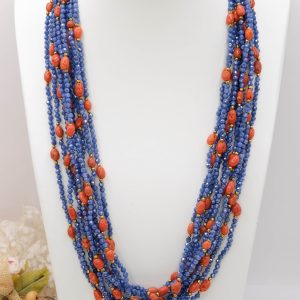 Collana Multifilo Zirconi Blu Corallo Naturale Argento 925