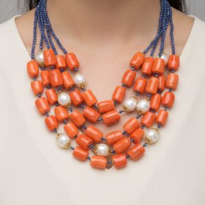 Collana Multifilo Zirconi Blu Corallo Bamboo Perle Naturali