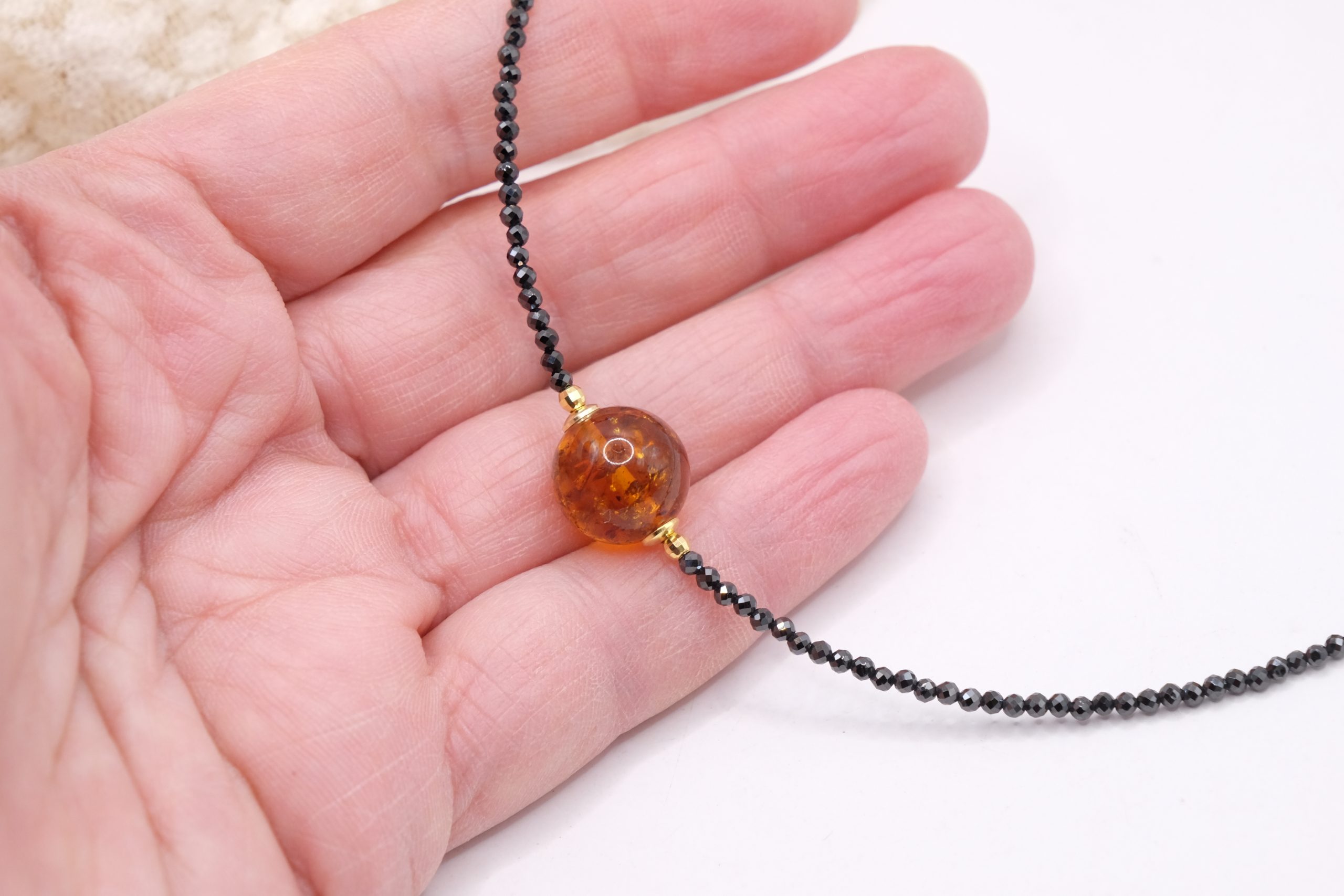 COLLANA ZIRCONI NERI AMBRA DEL BALTICO ARGENTO DORATO 925 ARTIGIANALE (1)