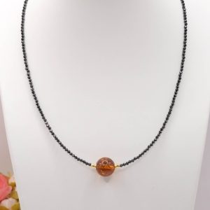 Collana "DIAMONDS BLACK" zirconi neri e ambra del baltico argento 925