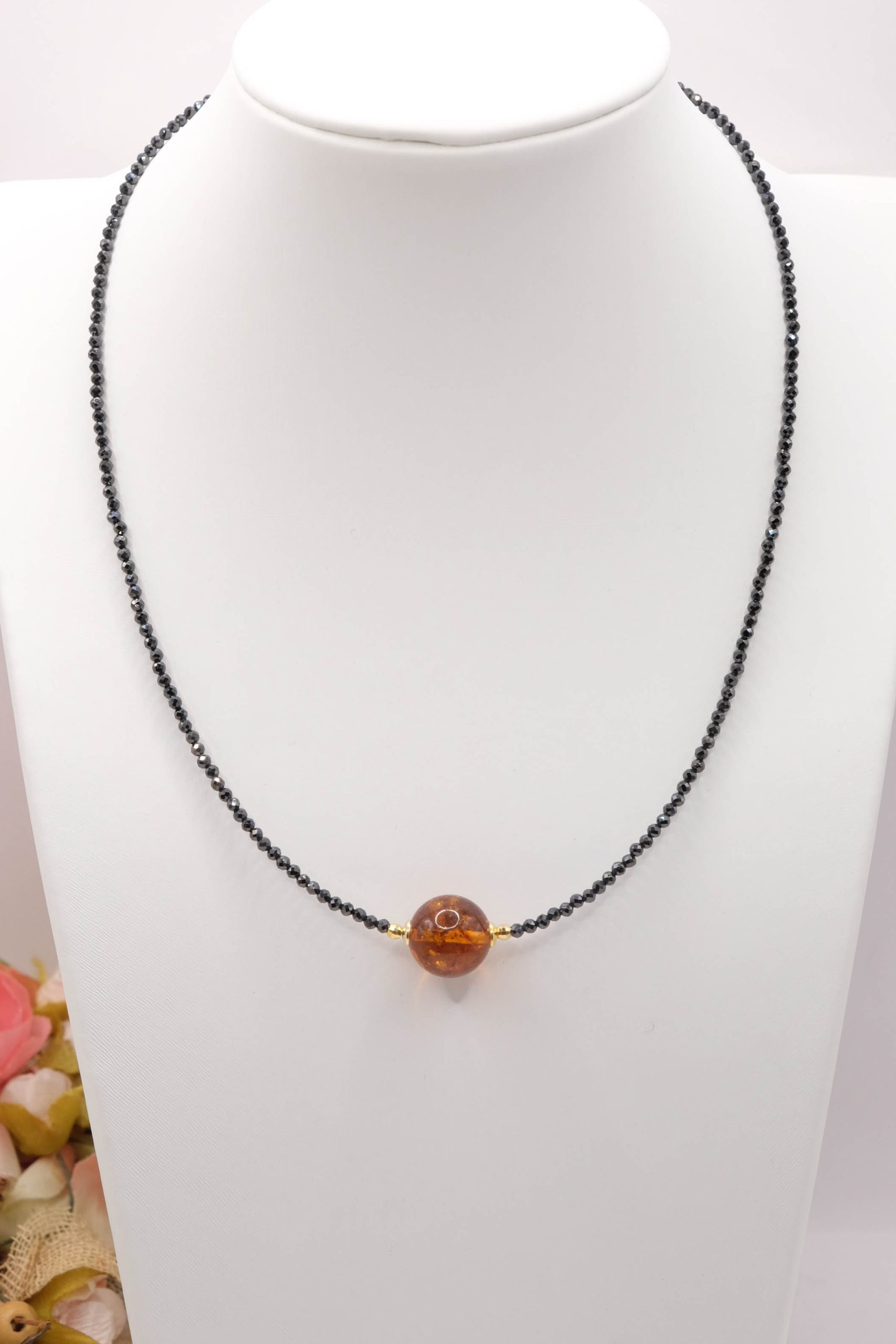 COLLANA ZIRCONI NERI AMBRA DEL BALTICO ARGENTO DORATO 925 ARTIGIANALE (2)