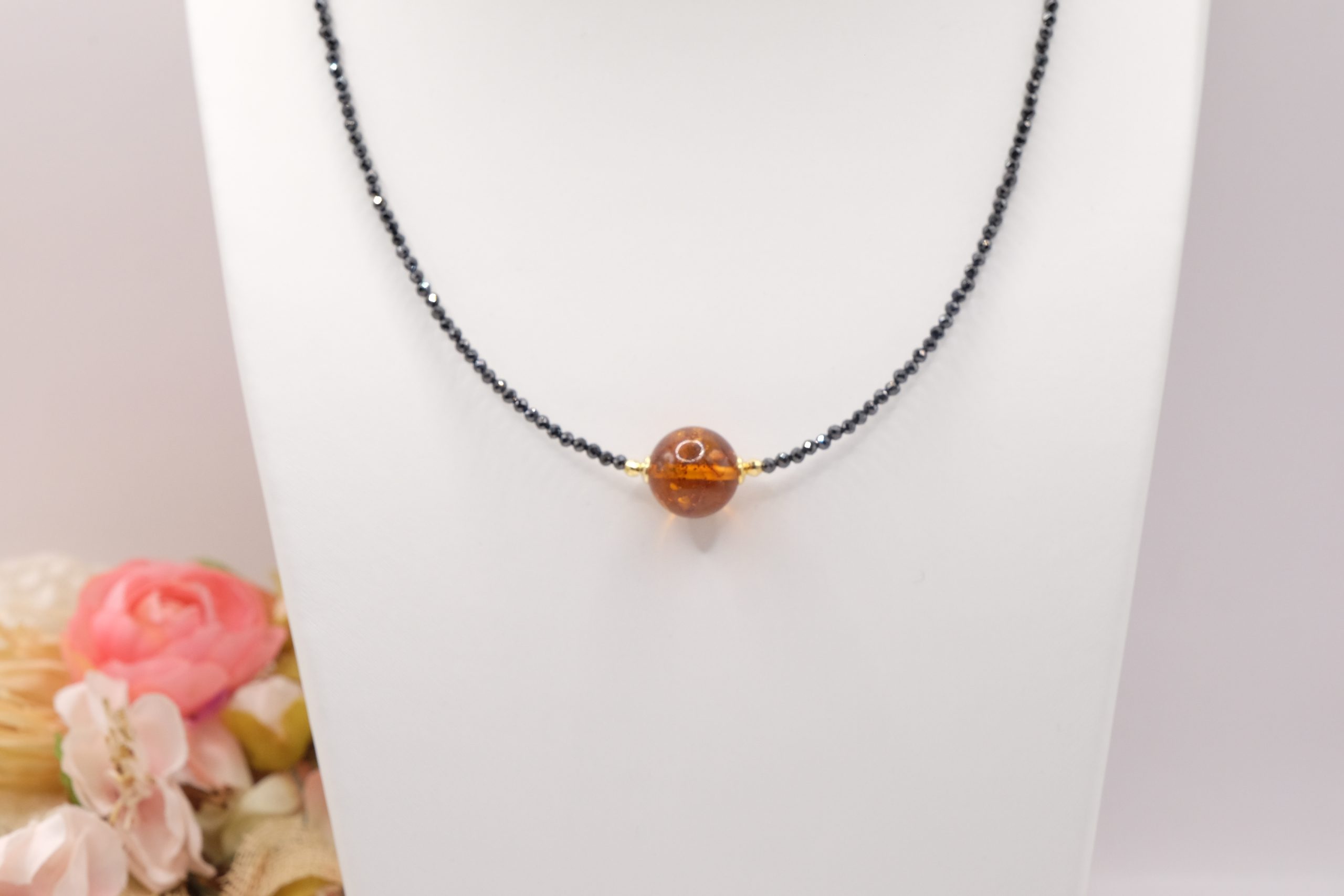 COLLANA ZIRCONI NERI AMBRA DEL BALTICO ARGENTO DORATO 925 ARTIGIANALE (3)