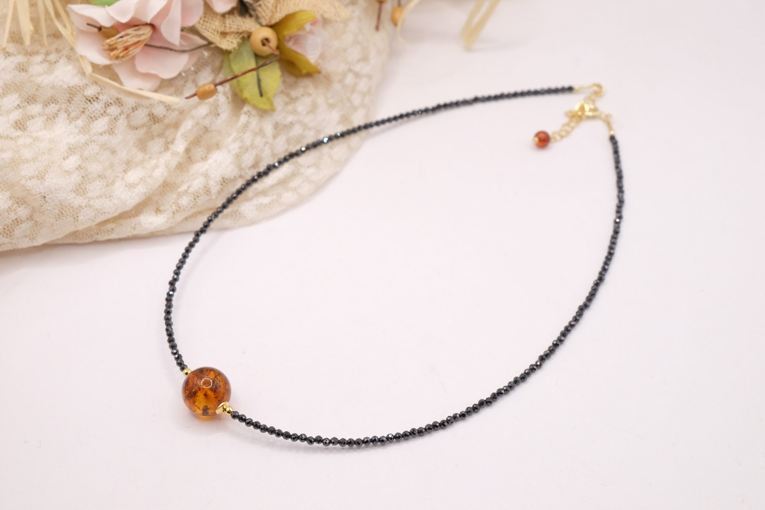 COLLANA ZIRCONI NERI AMBRA DEL BALTICO ARGENTO DORATO 925 ARTIGIANALE (4)