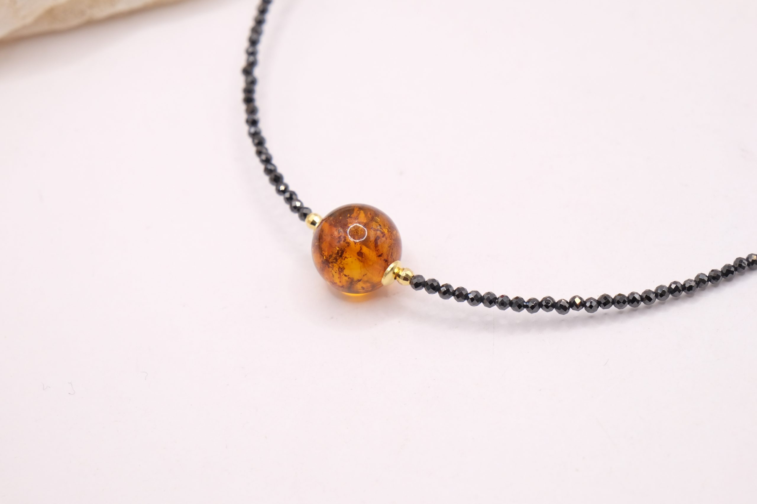 COLLANA ZIRCONI NERI AMBRA DEL BALTICO ARGENTO DORATO 925 ARTIGIANALE (5)