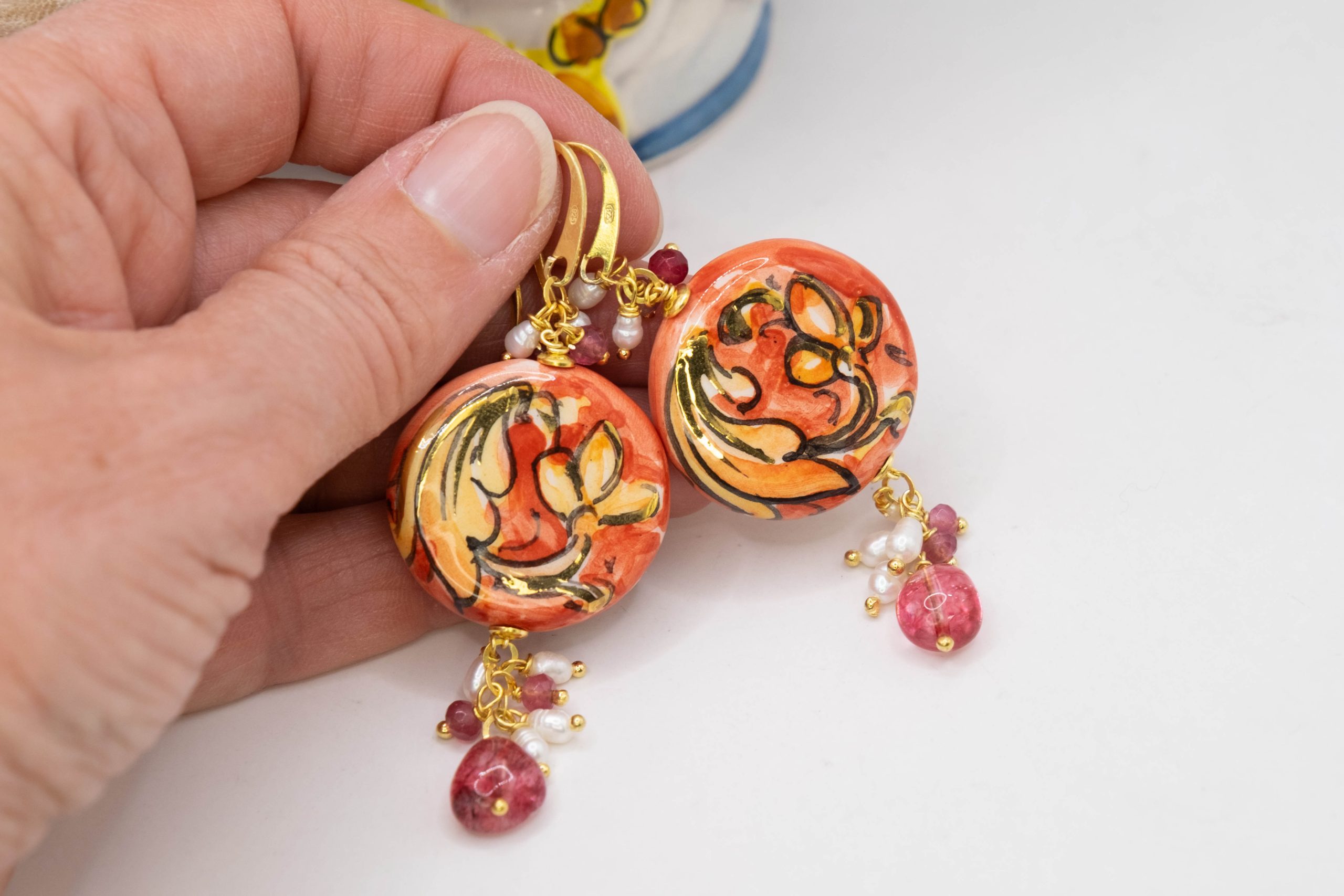 SICILIAN HANDCRAFTED EARRINGS ROUND TILES TOURMALINE PEARLS (1)