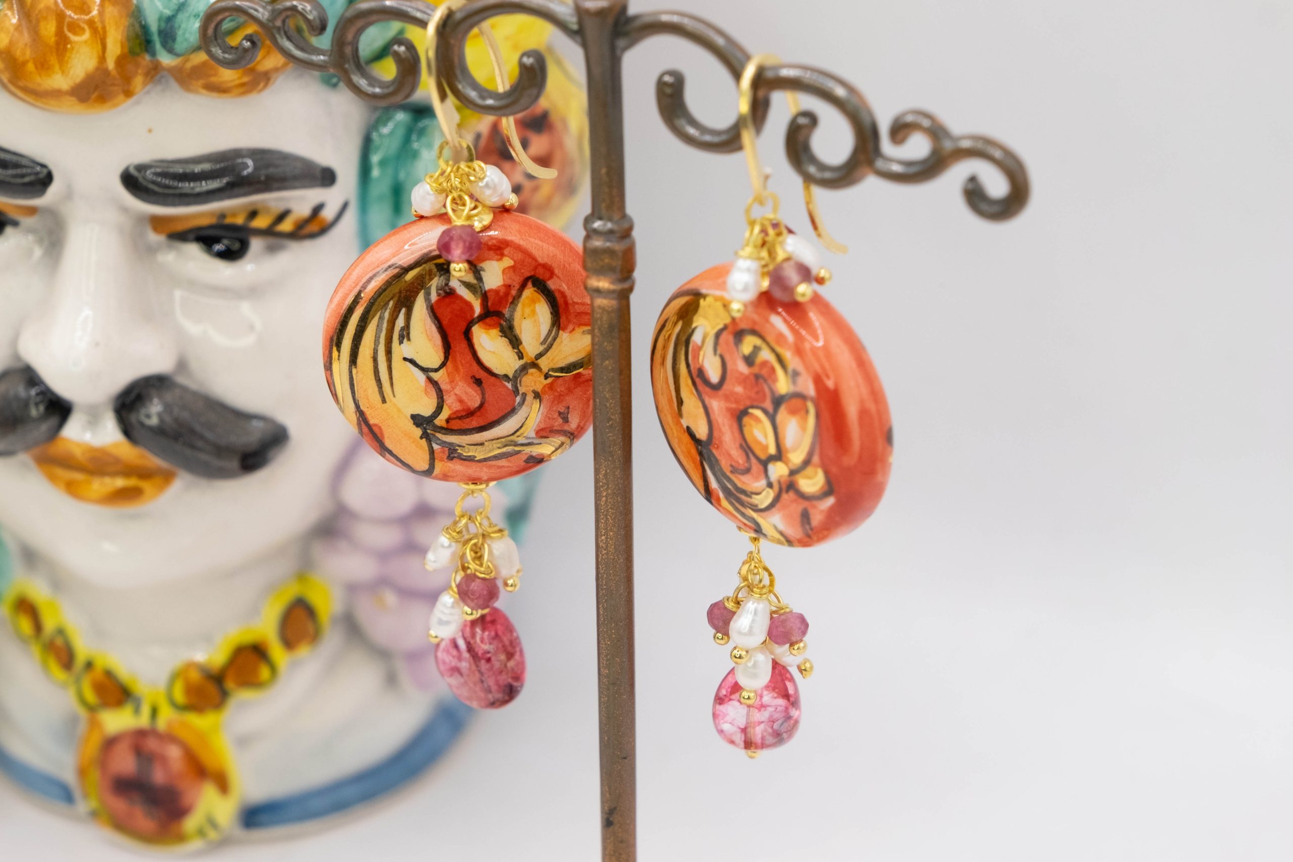 SICILIAN HANDCRAFTED EARRINGS ROUND TILES TOURMALINE PEARLS (3)