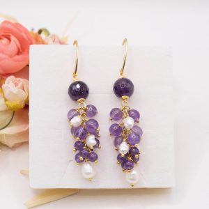Orecchini Grappolo Ametista Perle Naturali Argento Dorato