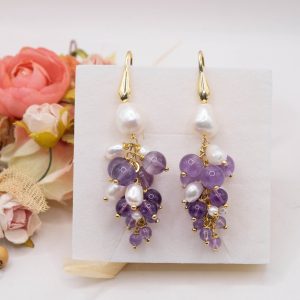Orecchini Grappolo Perle Ametista Naturali Argento Dorato