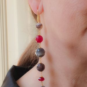 Orecchini Lunghi Agata Botswana Giada Borgogna Argento