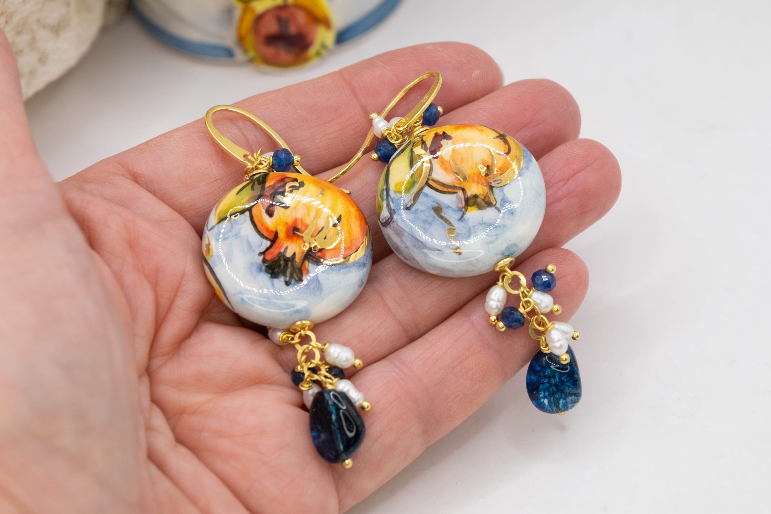 CALTAGIRONE CERAMIC TILES EARRINGS BLUE TOURMALINE PEARL TILES (1)