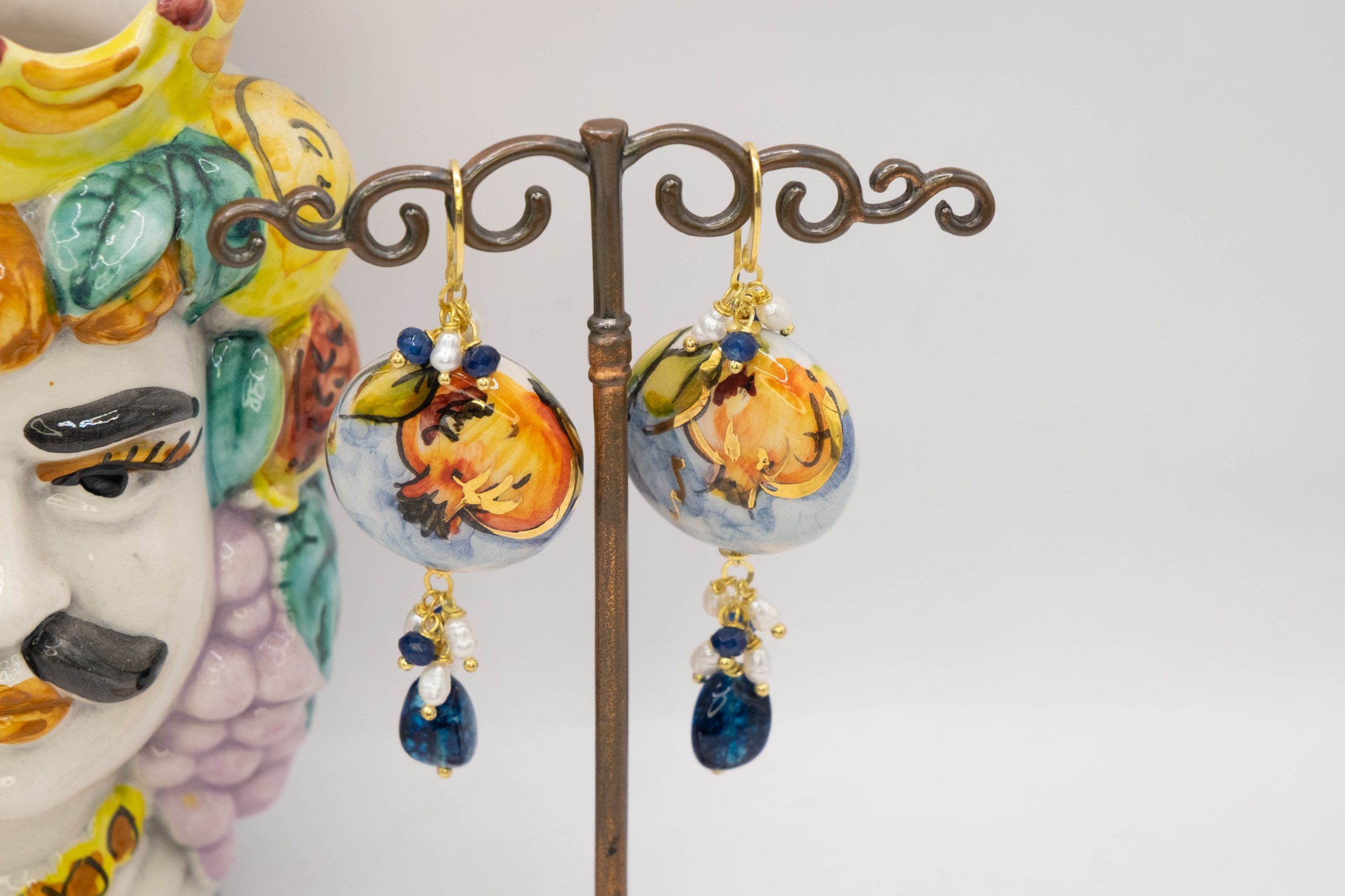 CALTAGIRONE CERAMIC TILES EARRINGS BLUE TOURMALINE PEARL TILES (2)