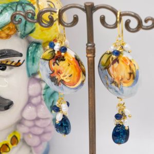 Orecchini Mattonelle Tonde in Ceramica di Caltagirone Tormaline Blu Perle