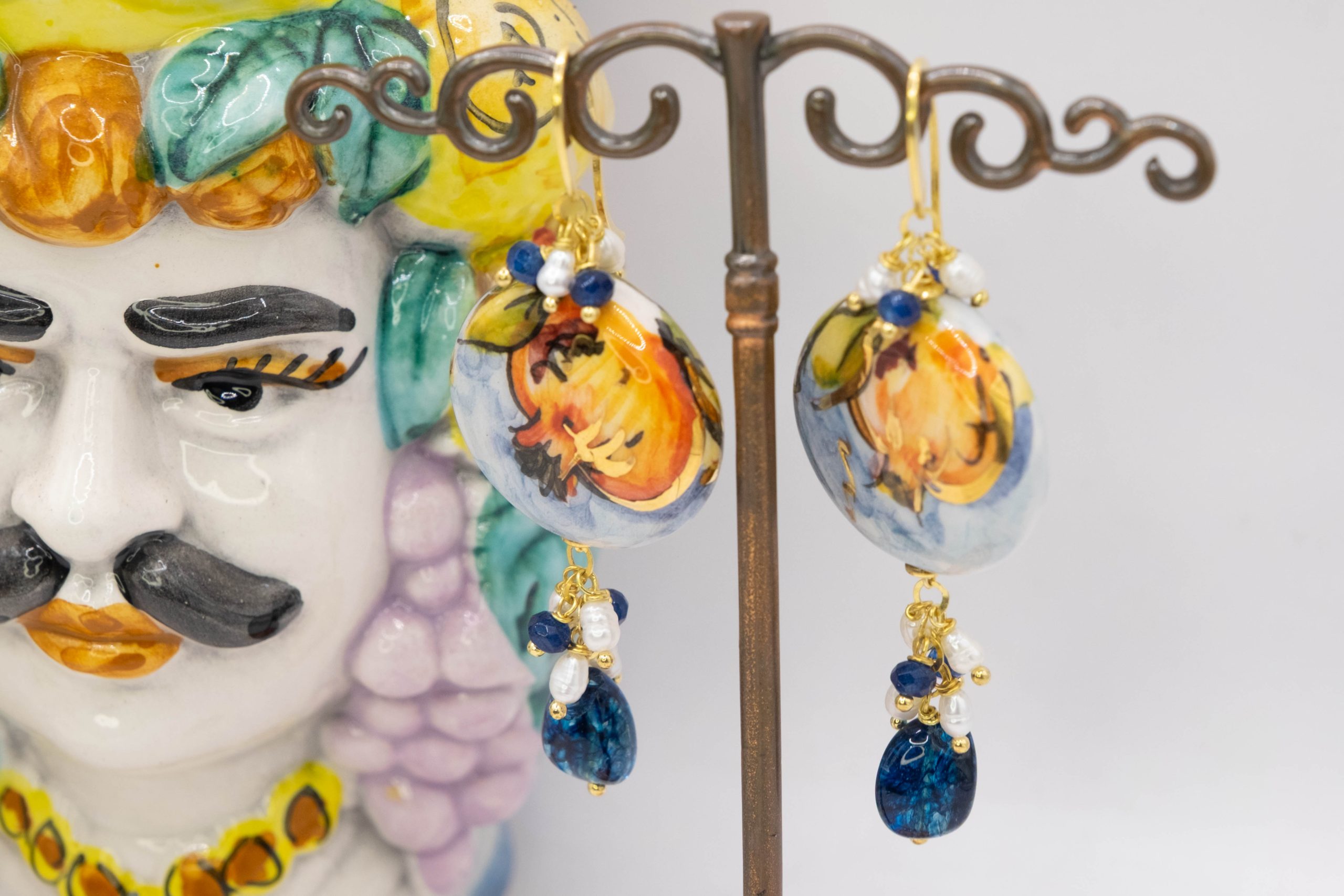 CALTAGIRONE CERAMIC TILES EARRINGS BLUE TOURMALINE PEARL TILES (3)