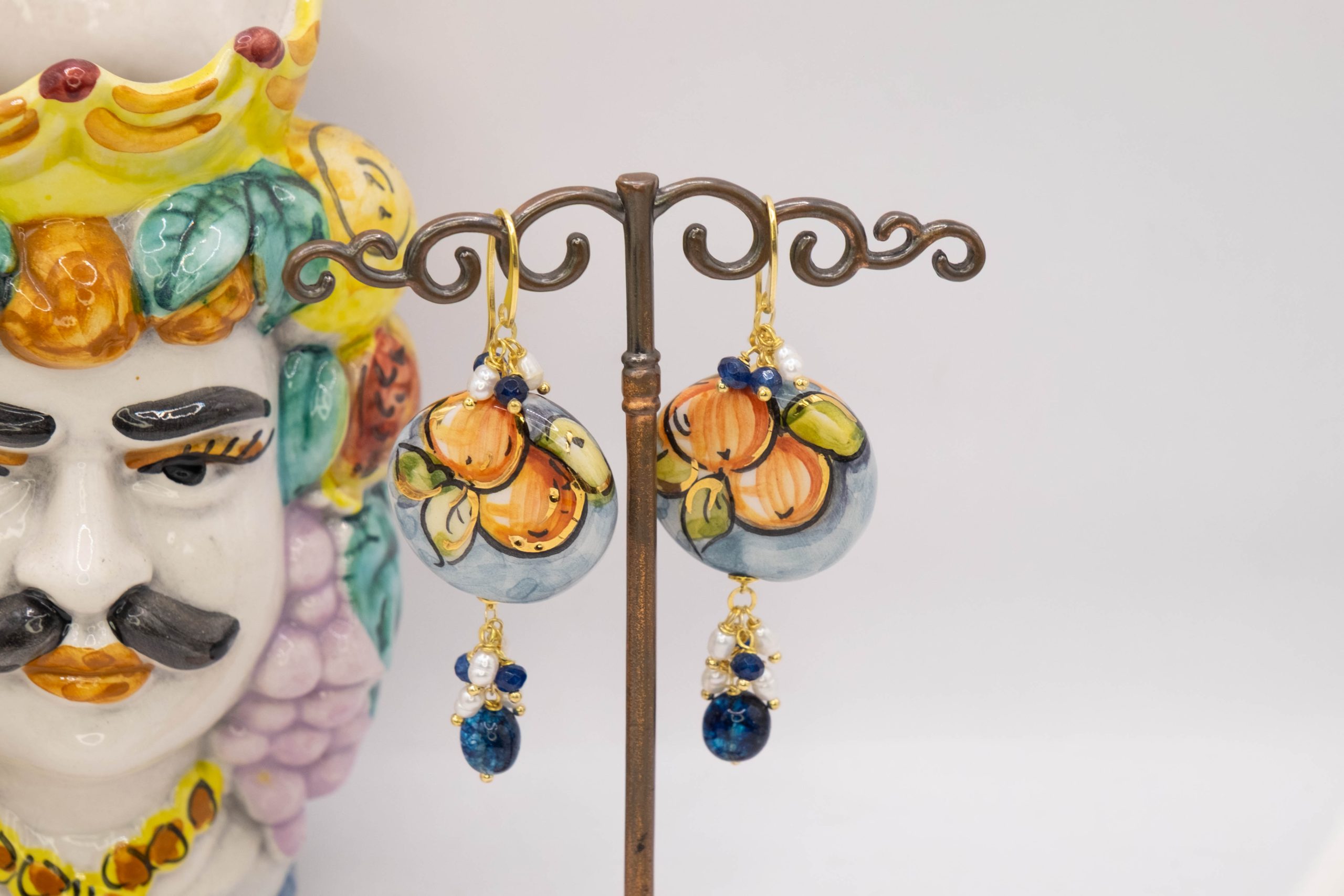 SICILIAN HANDCRAFTED ROUND TILES EARRINGS WITH BLUE TOURMALINES AND PEARLS (1)