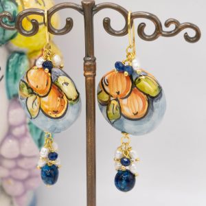 Orecchini Mattonelle Tonde in Ceramica di Caltagirone Tormaline Blu Perle