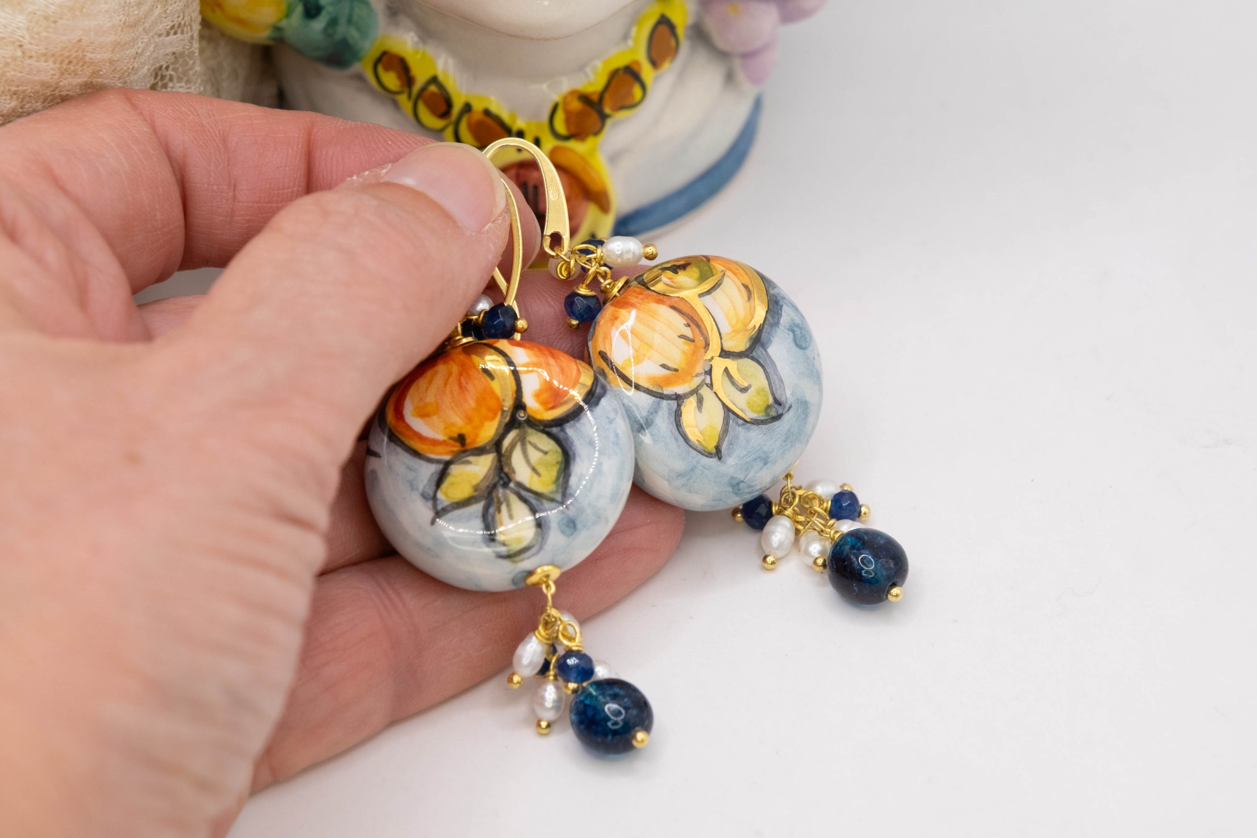 SICILIAN HANDCRAFTED ROUND TILES EARRINGS WITH BLUE TOURMALINES AND PEARLS (3)