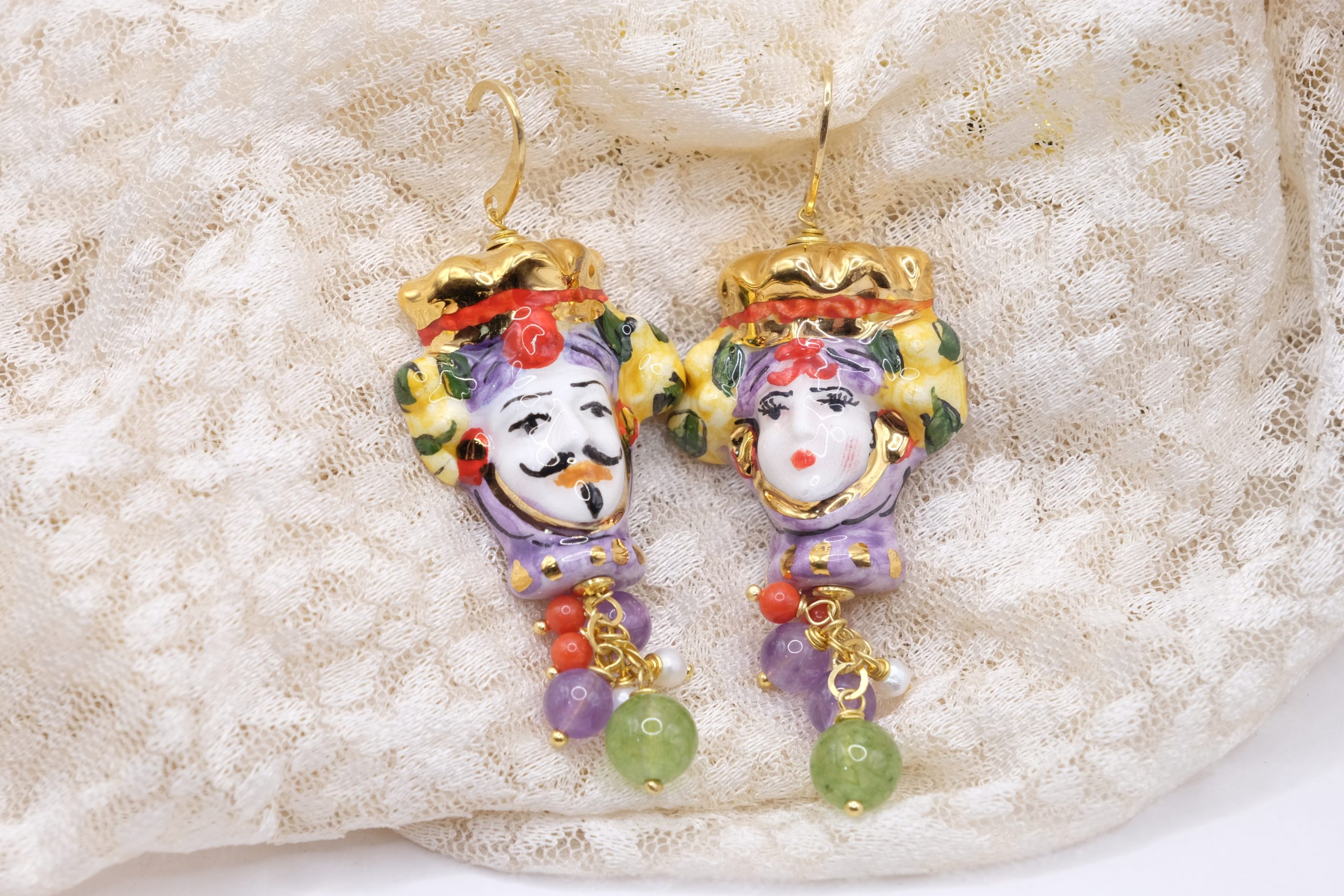 MOOR'S HEAD EARRINGS CALTAGIRONE CERAMIC NATURAL STONES PEARLS 925 SILVER GOLD PLATED (1)