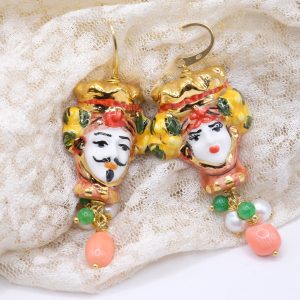 Orecchini siciliani Teste di Moro Pietre Corallo Perle