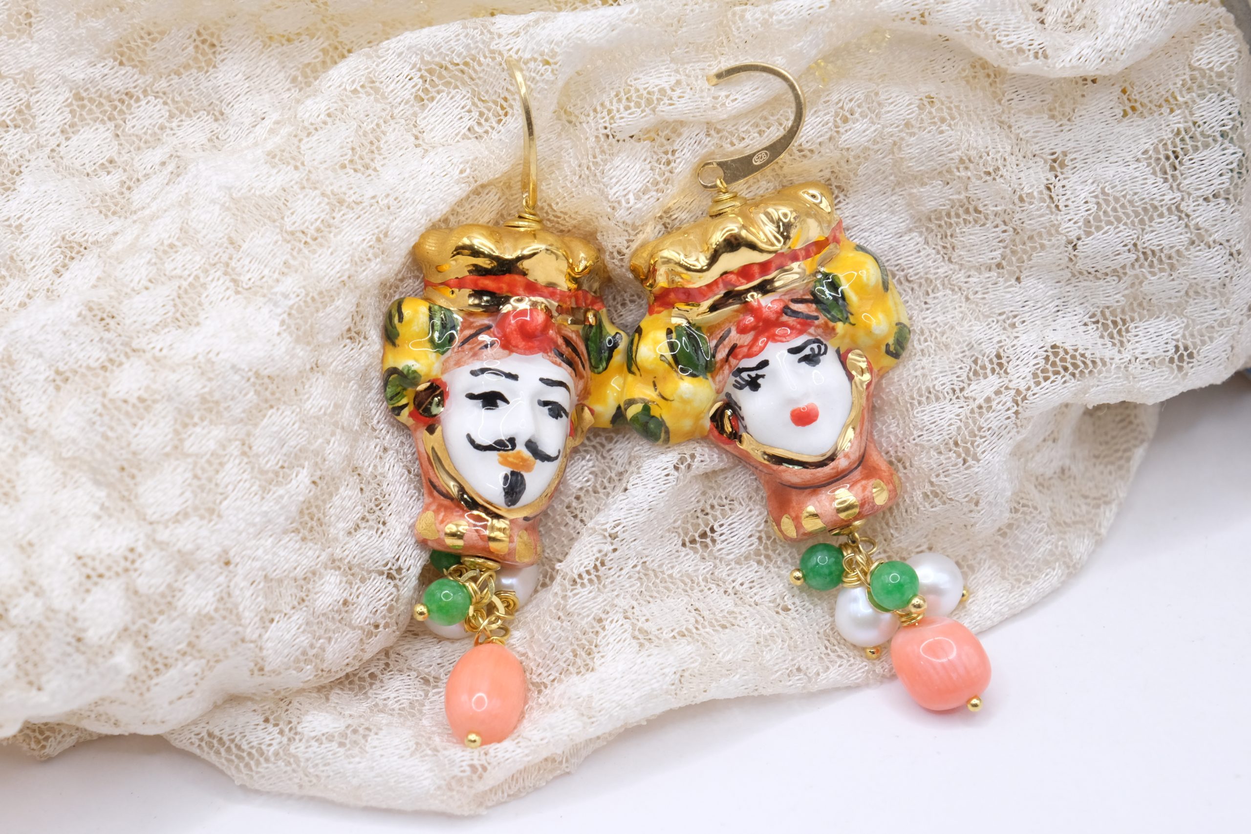 MOOR'S HEAD EARRINGS CALTAGIRONE CERAMIC NATURAL STONES PEARLS 925 SILVER GOLD PLATED (2)