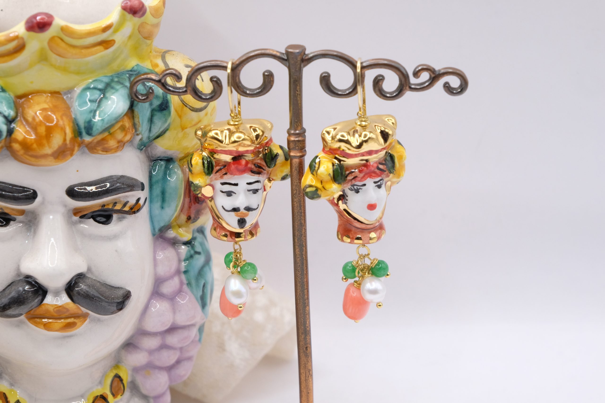 MOOR'S HEAD EARRINGS CALTAGIRONE CERAMIC NATURAL STONES PEARLS 925 SILVER GOLD PLATED (3)