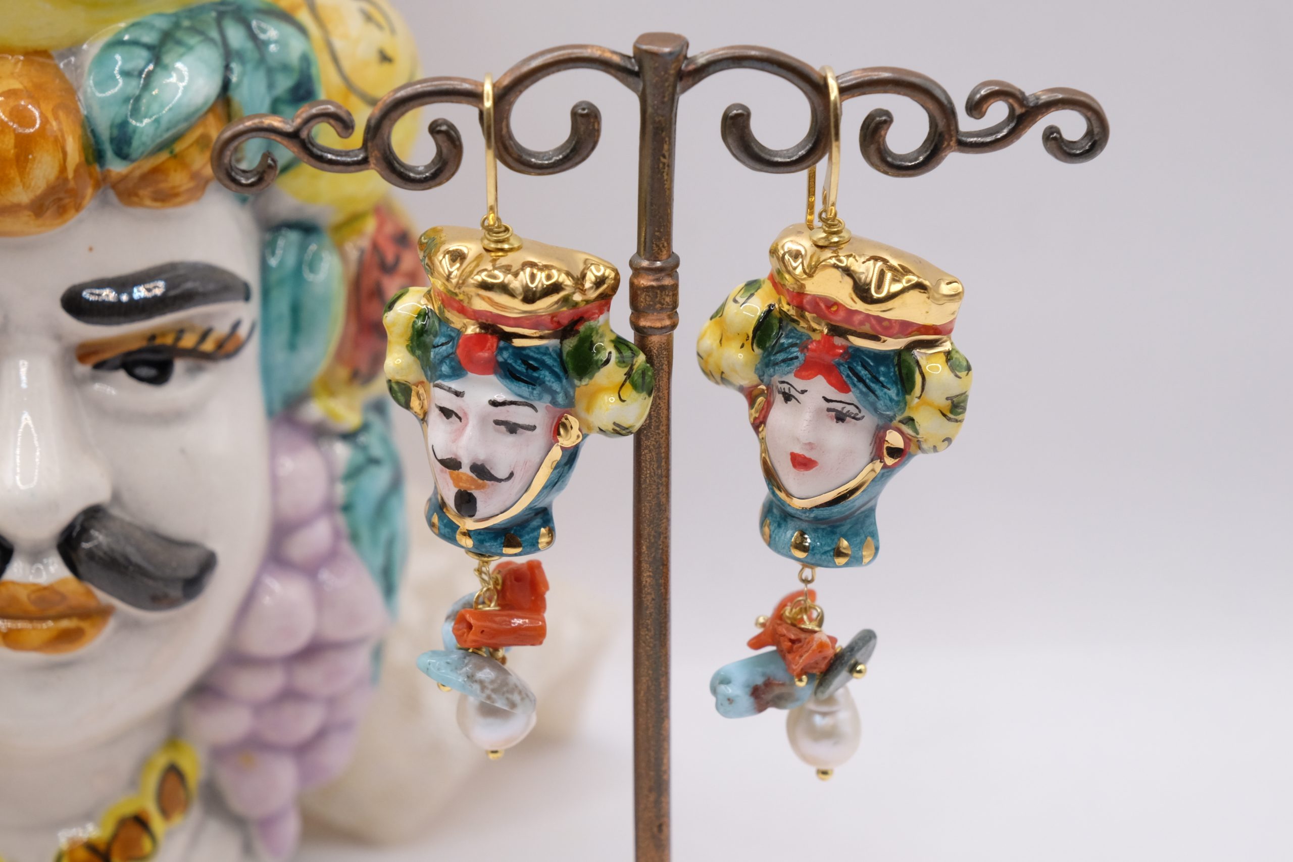 MOOR'S HEAD EARRINGS CALTAGIRONE CERAMIC NATURAL STONES PEARLS 925 SILVER GOLD PLATED (4)