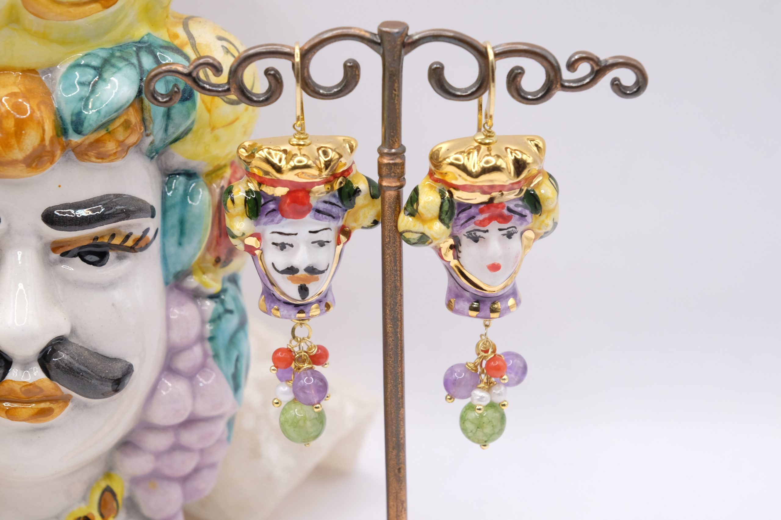 MOOR'S HEAD EARRINGS CALTAGIRONE CERAMIC NATURAL STONES PEARLS 925 SILVER GOLD PLATED (5)