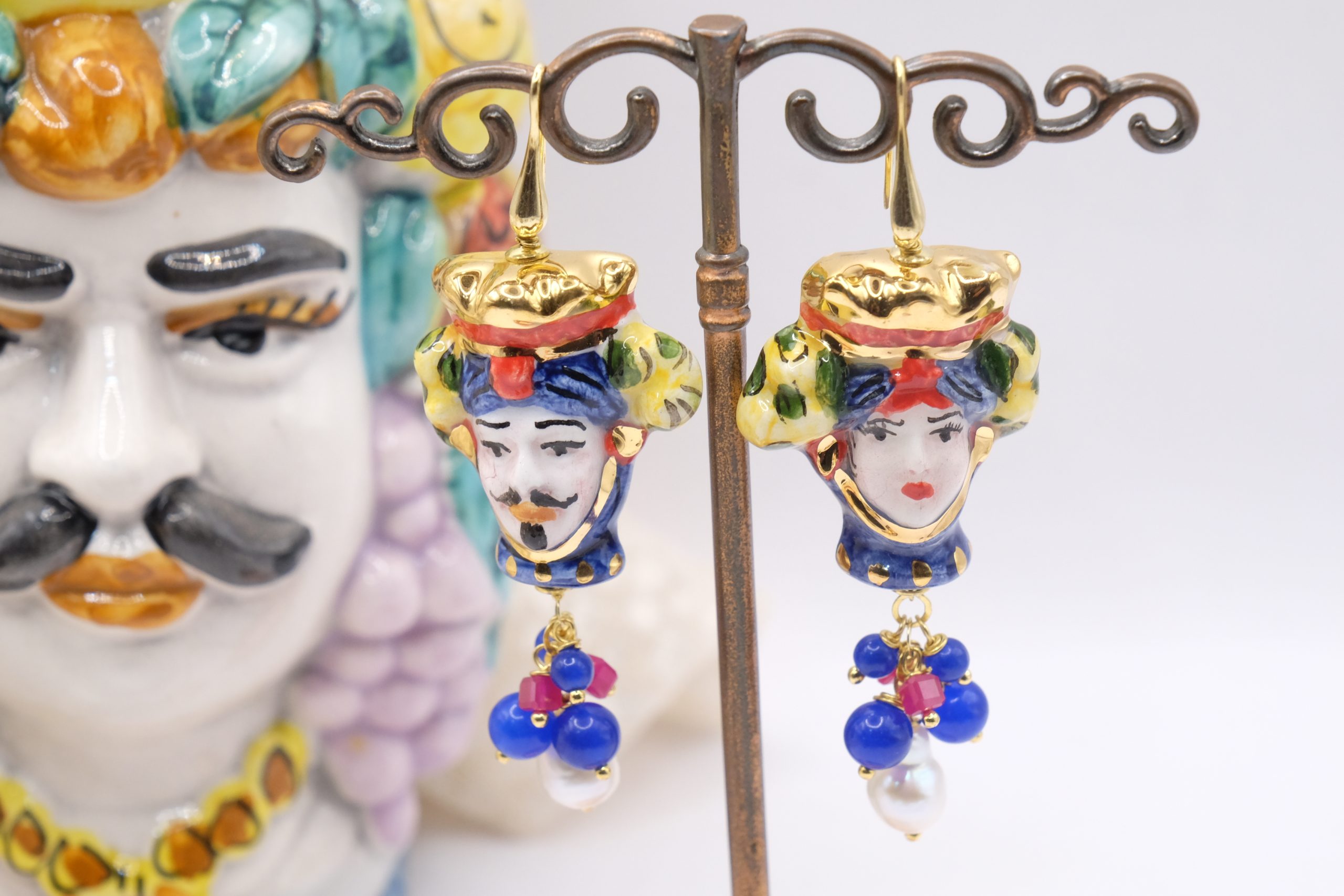 MOOR'S HEAD EARRINGS CALTAGIRONE CERAMIC NATURAL STONES PEARLS 925 SILVER GOLD PLATED (6)