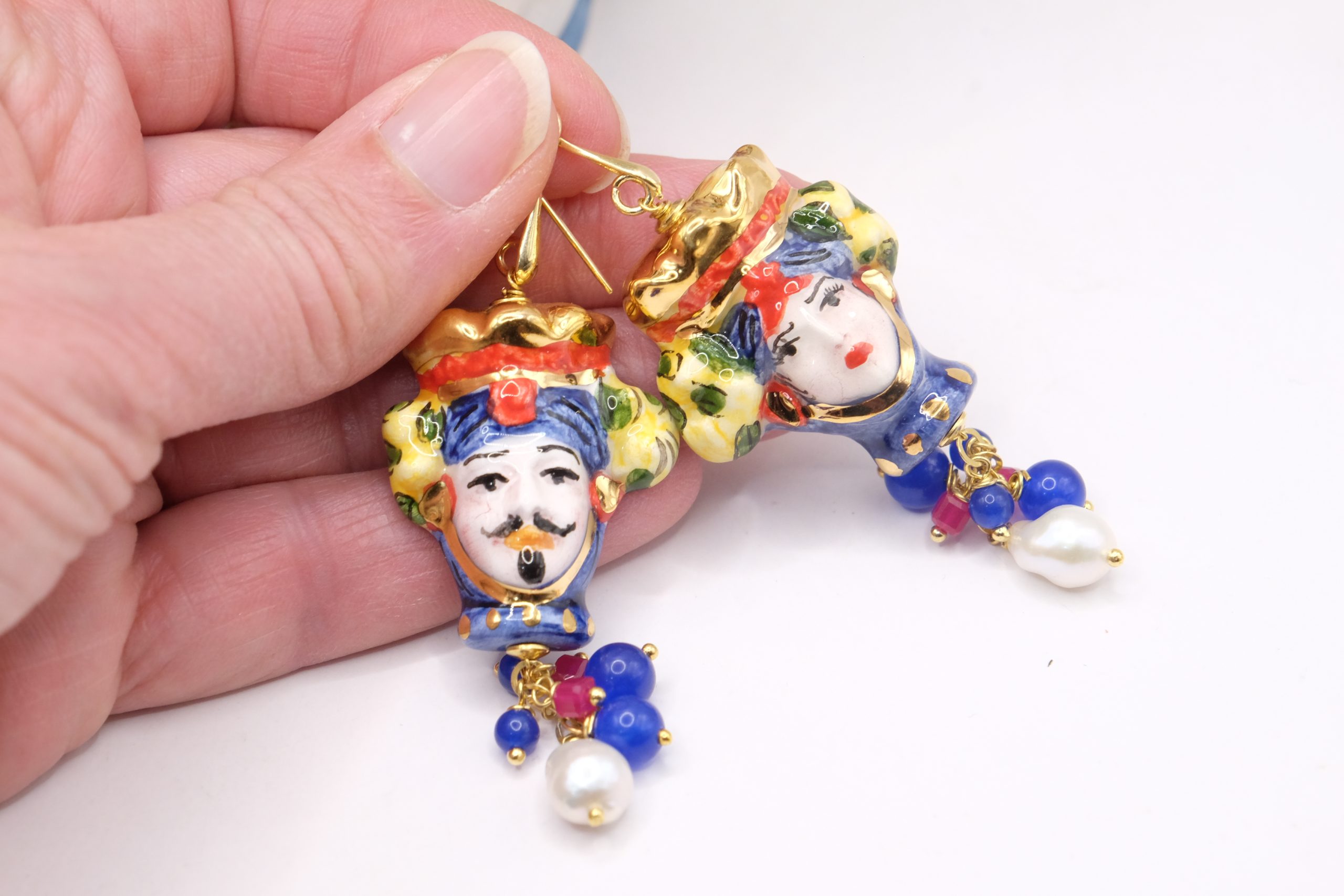 MOOR'S HEAD EARRINGS CALTAGIRONE CERAMIC NATURAL STONES PEARLS 925 SILVER GOLD PLATED (7)