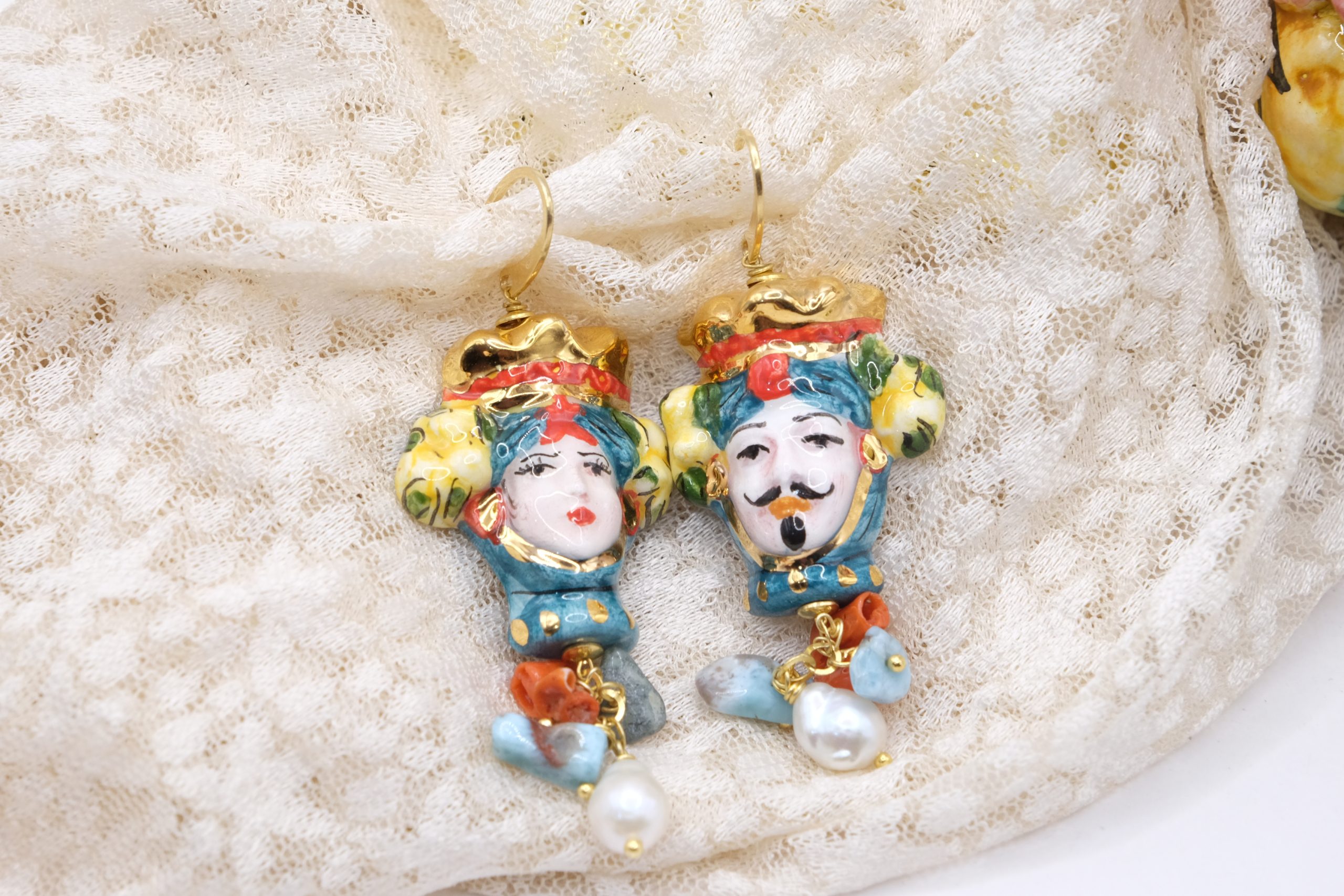 MOOR'S HEAD EARRINGS CALTAGIRONE CERAMIC NATURAL STONES PEARLS 925 SILVER GOLD PLATED (8)
