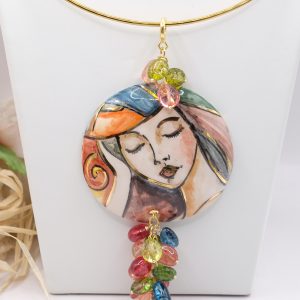 Ciondolo Artigianale Piastra in Ceramica di Caltagirone e Pietre Naturali 8 varianti