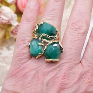 Anello Maxi 3 Pietre Occhio di Gatto Verde Ottone