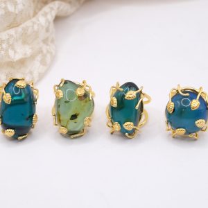 Anello Artigianale Ambra Blu/Verde Dominicana Ottone