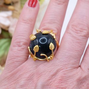 Anello Artigianale Ambra Blu/Verde Dominicana Ottone