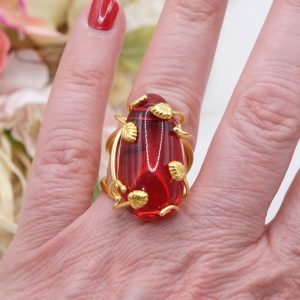 Anello Artigianale Ambra Rosso Dominicana Ottone