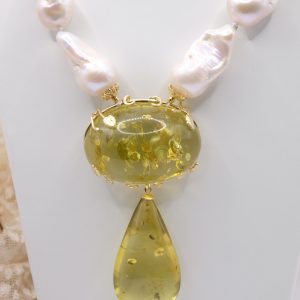 Collana Lariat a Y Perle Naturali Barocche Ambra Verde Argento 925