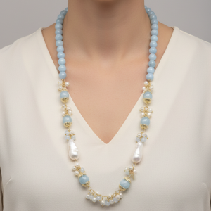 Collana Décolleté Acquamarina e Perle Naturali Grappoli