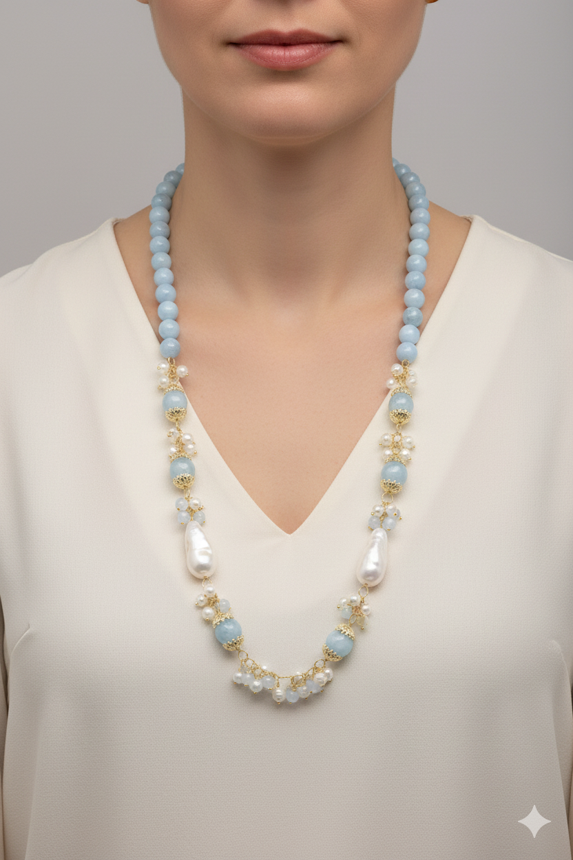 HANDMADE AQUAMARINE PEARL BUNCH NECKLACE (2)