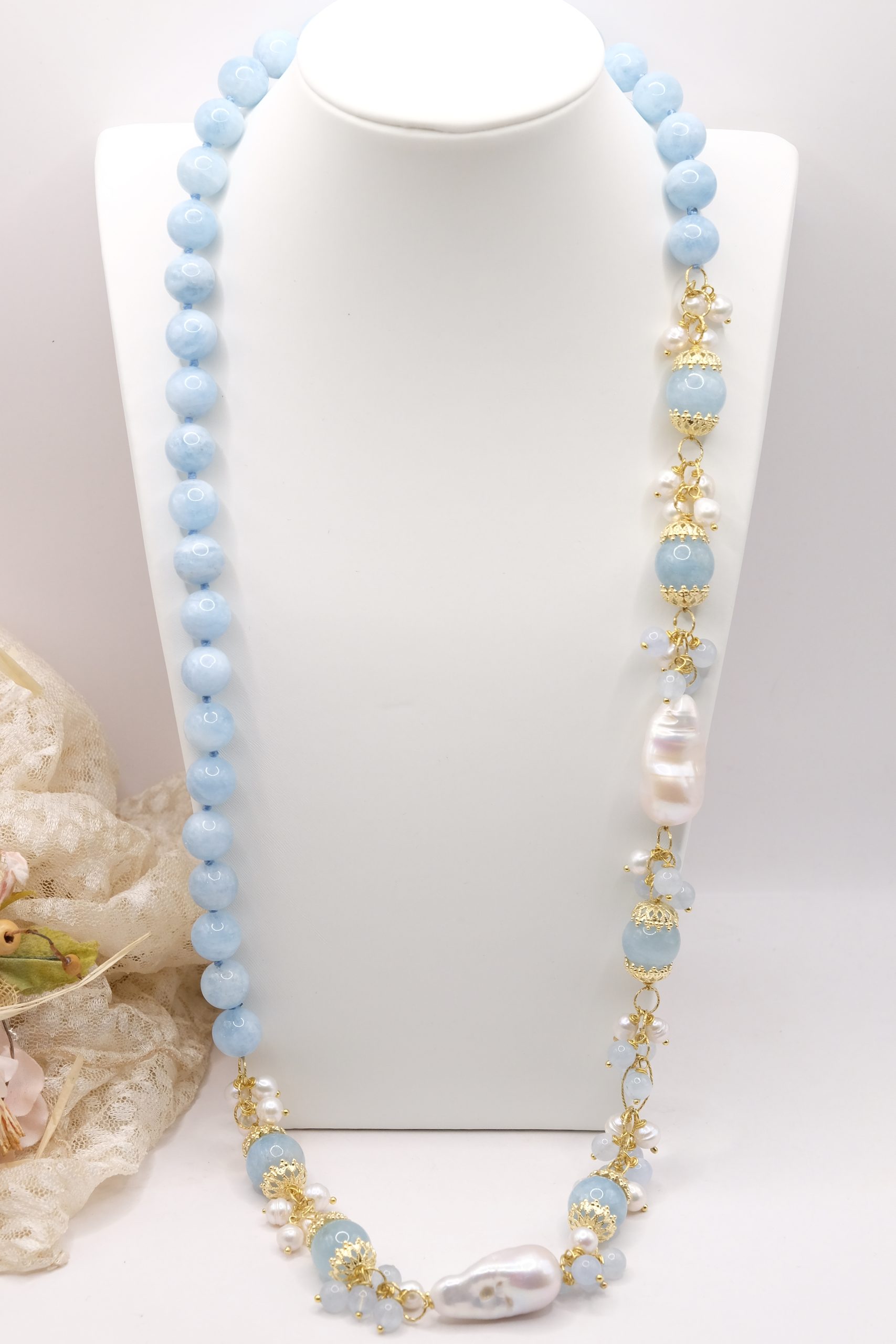 HANDMADE AQUAMARINE PEARL BUNCH NECKLACE (3)