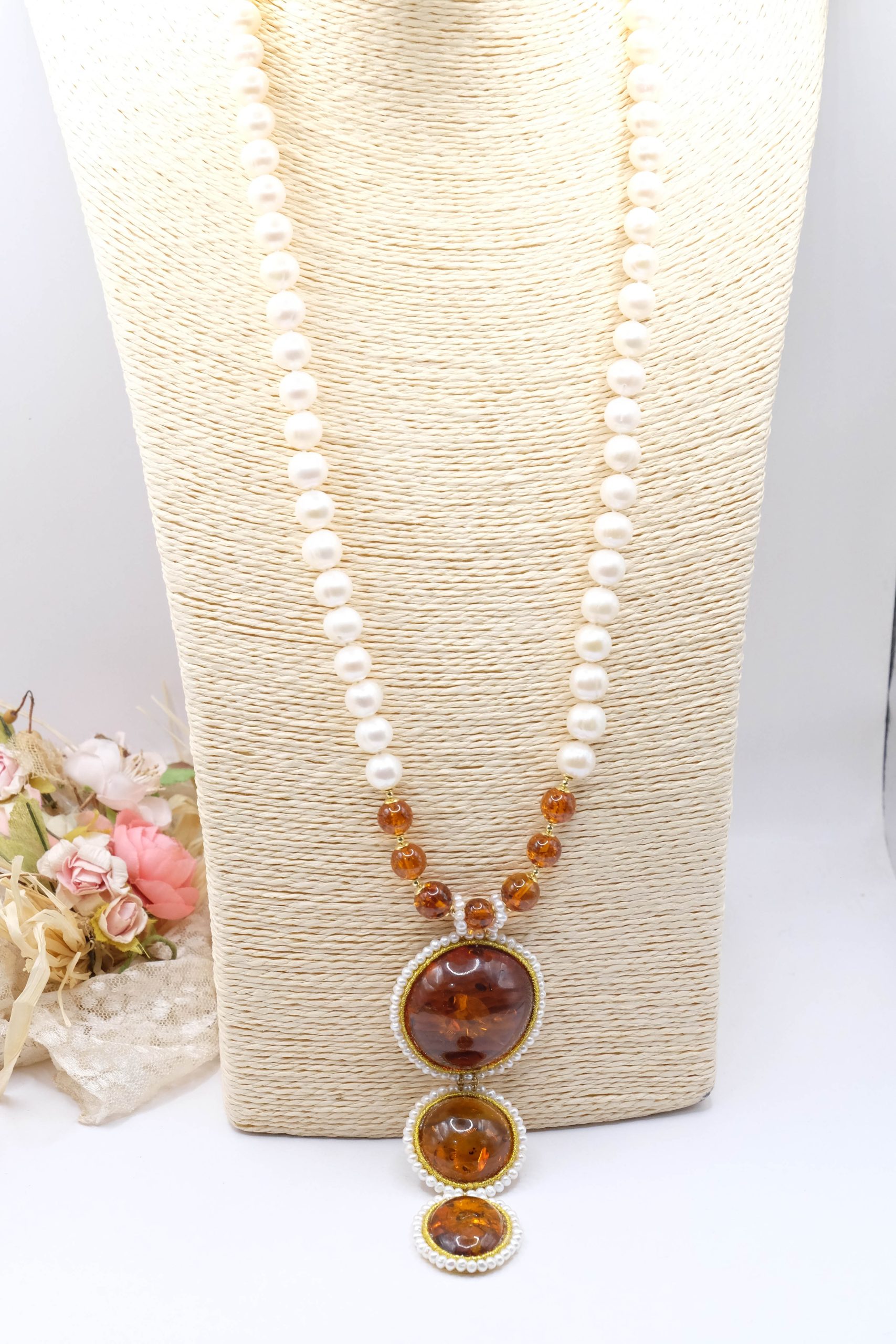 HANDMADE BALTIC AMBER PEARL NECKLACE 925 SILVER LONG (2)